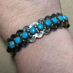 Vintage bell nickel silver faux turquoise bracelet